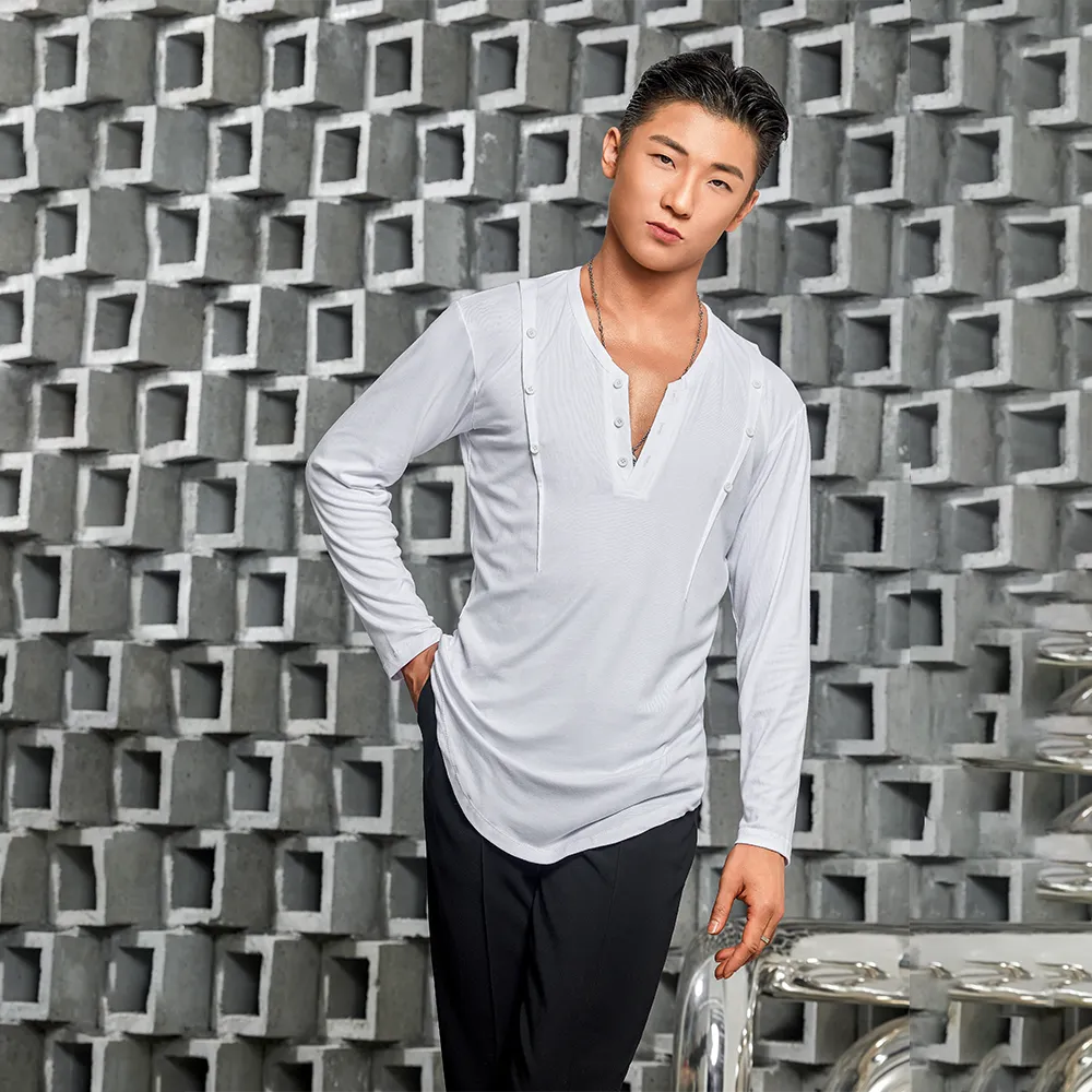 NY682 Men’s Button‑Detail Long‑Sleeve Latin Dance Top